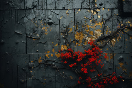 red flowers on the wall of an old buildingの素材