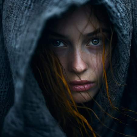 portrait of a young woman with red hair in a hoodの素材