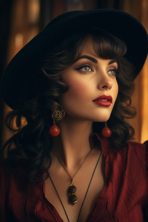portrait of a beautiful woman in a red dress and a black hatの素材