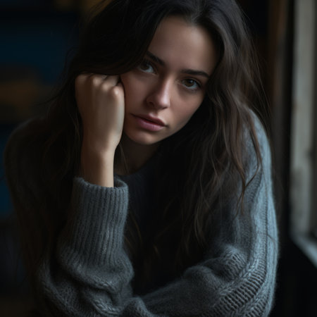 portrait of a beautiful young woman in a grey sweaterの素材