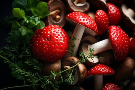 mushrooms and red mushrooms on a black backgroundの素材