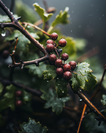 red berries on a branch in the rainの素材