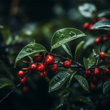 red berries on a tree branch with water dropletsの素材