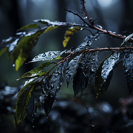 raindrops on a tree branch in the darkの素材