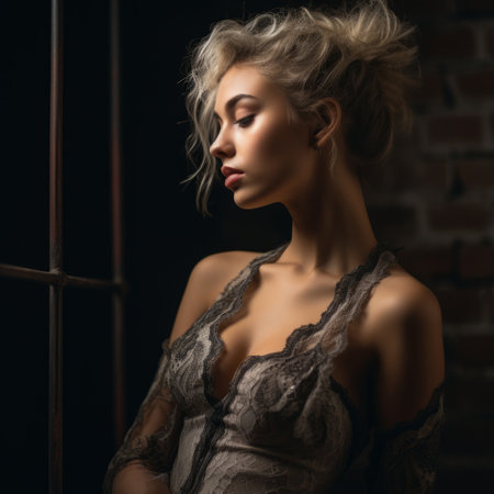 portrait of a beautiful young woman in lingerie against a brick wallの素材