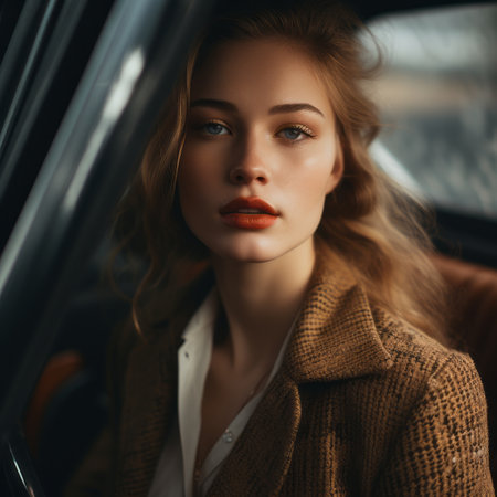 portrait of a beautiful woman in a carの素材
