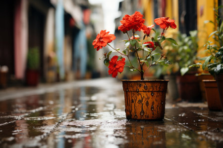 red flowers in a pot on a rainy streetの素材