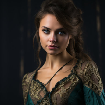 portrait of beautiful young woman in medieval dress on dark backgroundの素材