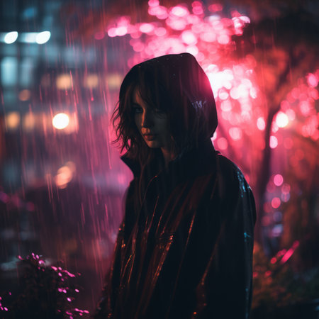 a woman standing in the rain at nightの素材