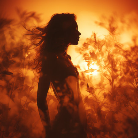 silhouette of a woman in a field with the sun in the backgroundの素材