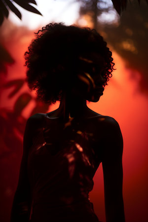 silhouette of a woman in front of a red sunsetの素材