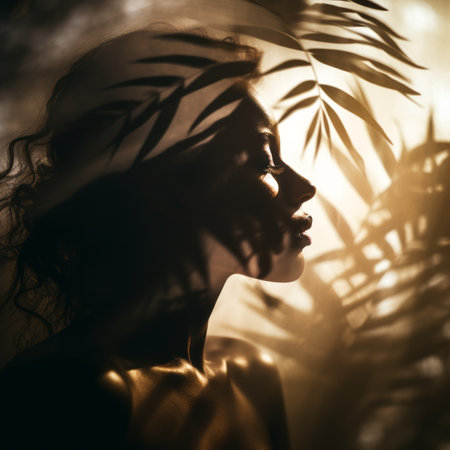 silhouette of a beautiful woman in the sunlight with leaves on her faceの素材