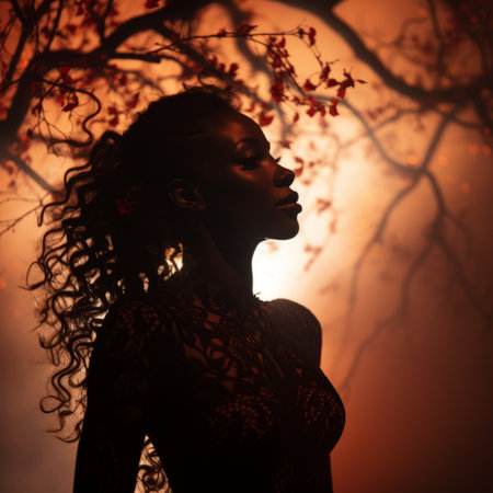 silhouette of a beautiful woman with long curly hair in front of a treeの素材