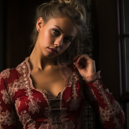 a beautiful young woman in a red lace dressの素材