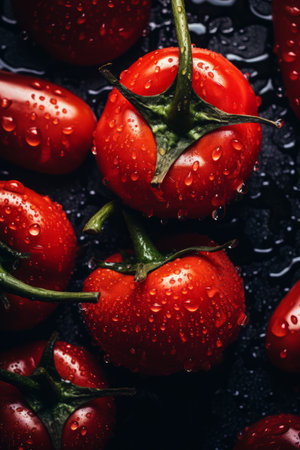 red tomatoes with water droplets on a black backgroundの素材
