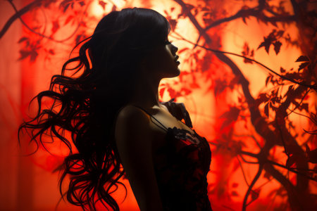 silhouette of a woman with long hair in front of a red backgroundの素材