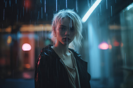 a woman standing in the rain at nightの素材