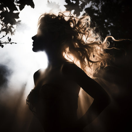 silhouette of a beautiful woman in the dark with smoke coming out of her hairの素材
