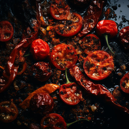 roasted peppers and tomatoes on a black backgroundの素材