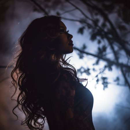 silhouette of a woman in the woods at nightの素材