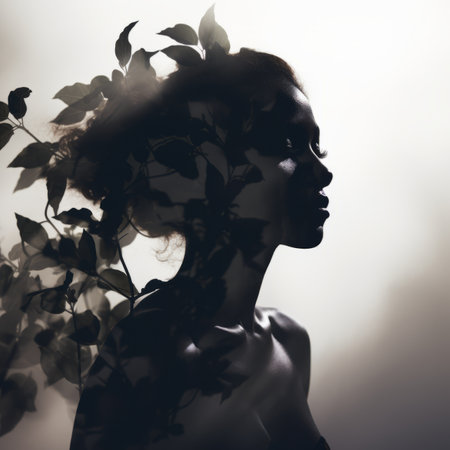 silhouette of a woman with leaves in her hairの素材