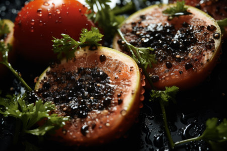 sliced tomatoes with black pepper and herbs on a black backgroundの素材