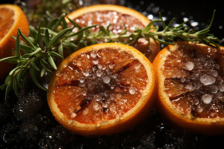 slices of oranges with rosemary sprigs on topの素材