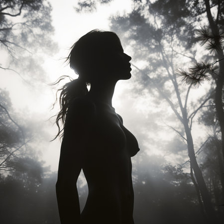 silhouette of a naked woman standing in a foggy forestの素材