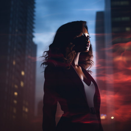 silhouette of a woman standing in front of a city at nightの素材