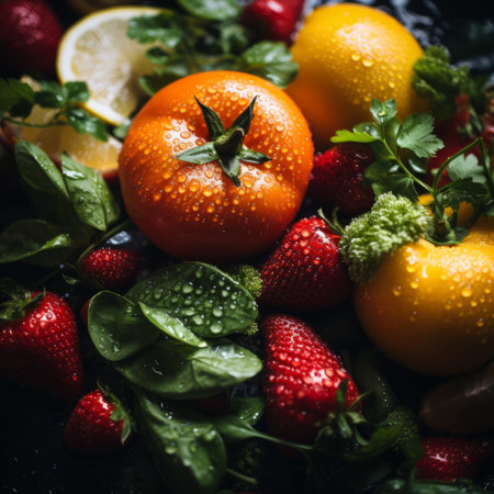 strawberries tomatoes and lemons on a black surfaceの素材
