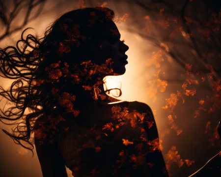 silhouette of a beautiful woman in the forest with fire in her hairの素材