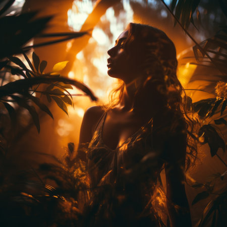 silhouette of a woman in the jungle at sunsetの素材