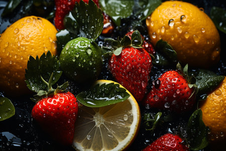 strawberries lemons and strawberries on a black backgroundの素材