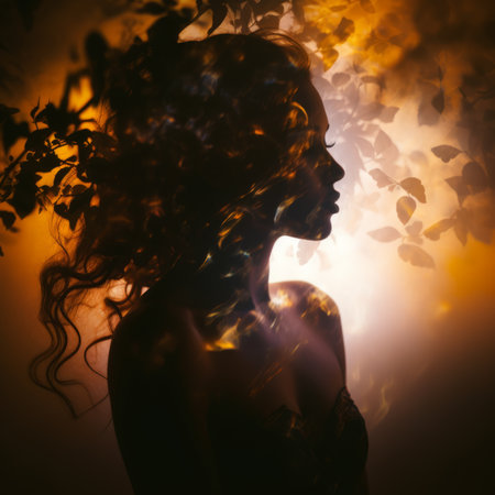 silhouette of a woman with leaves blowing in the windの素材