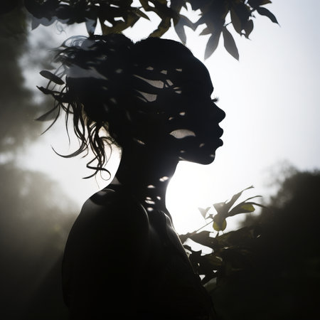 silhouette of a woman with leaves on her faceの素材