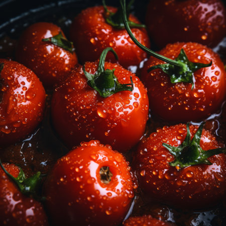tomatoes in a pan with water droplets on themの素材