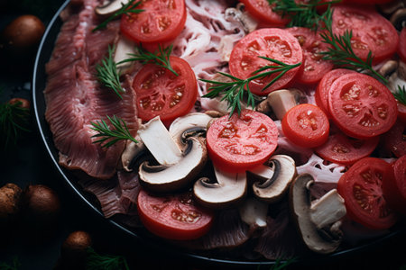 sliced tomatoes and mushrooms on a plateの素材