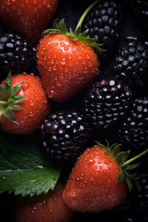 strawberries and blackberries with water droplets on a black backgroundの素材