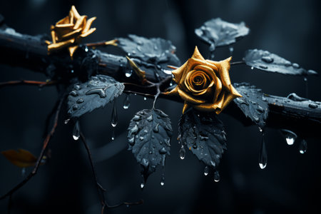 two golden roses on a branch with rain dropsの素材