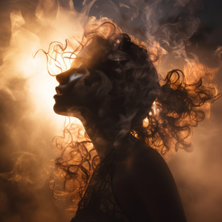 the silhouette of a woman with smoke coming out of her hairの素材