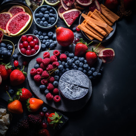 various fruits and berries on a black backgroundの素材