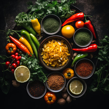 various spices herbs and vegetables arranged in bowls on a dark backgroundの素材