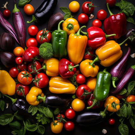 various colorful vegetables on a black backgroundの素材