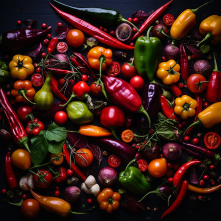 various vegetables and peppers on a black backgroundの素材