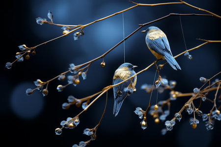 two blue birds sitting on a branch in front of a blue backgroundの素材