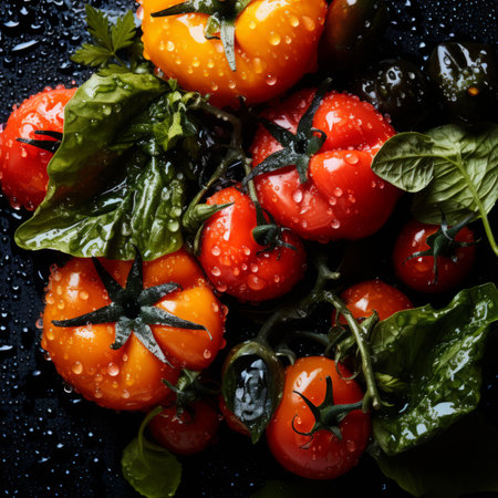 tomatoes with water droplets on a black backgroundの素材