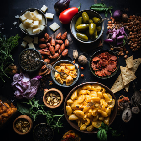 various types of pasta cheese and vegetables on a black backgroundの素材