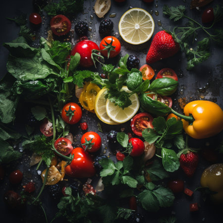 various fruits and vegetables on a black backgroundの素材
