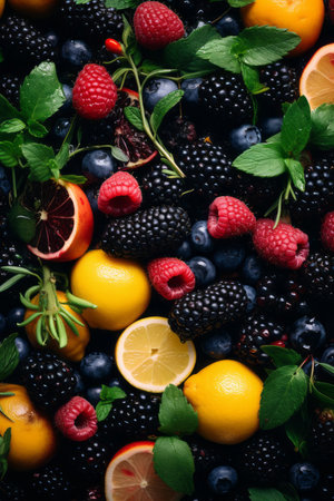 various fruits and berries are arranged on a black backgroundの素材