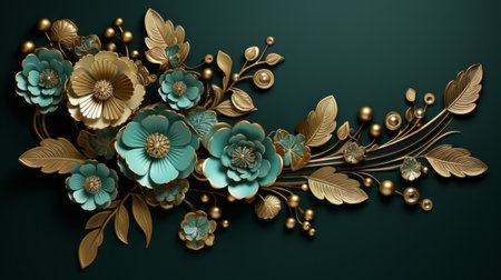 3d illustration of gold and blue flowers on a dark green backgroundの素材